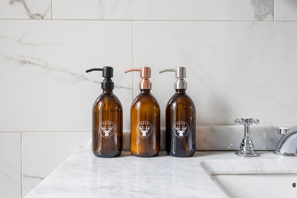 Balance hair and body wash in amber glass bottle