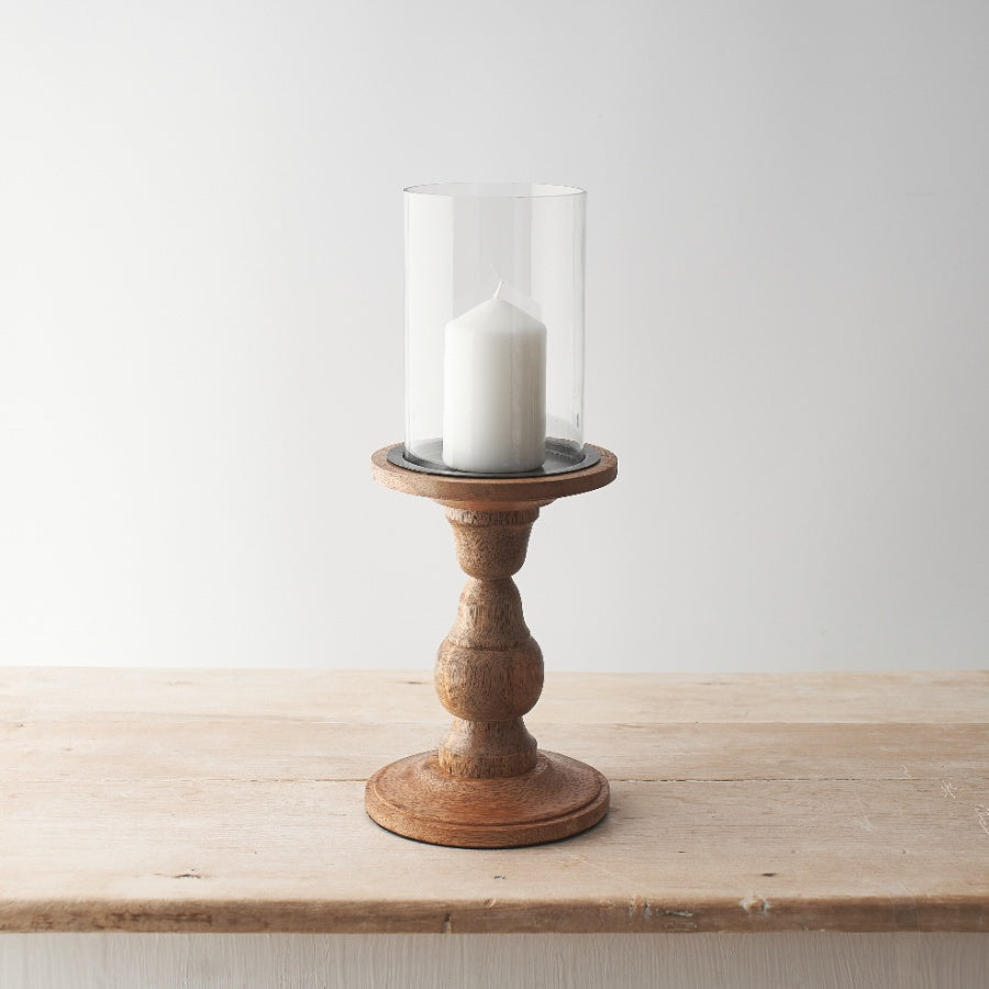 Wooden pillar candle holder, in glass